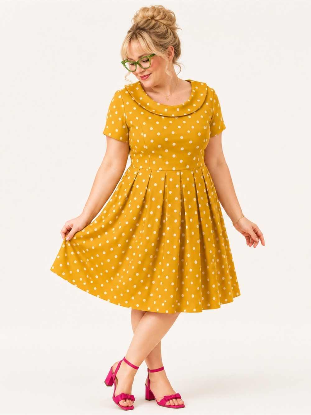 Yellow Retro Vintage Inspired Polka Dot Pleated Fit & Flare Midi XXL Dress